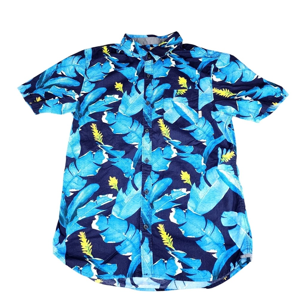 Vans Off The Wall Hawaiian Button Up‎ Shirt M Men Short Sleeve Blue Tailored Fit